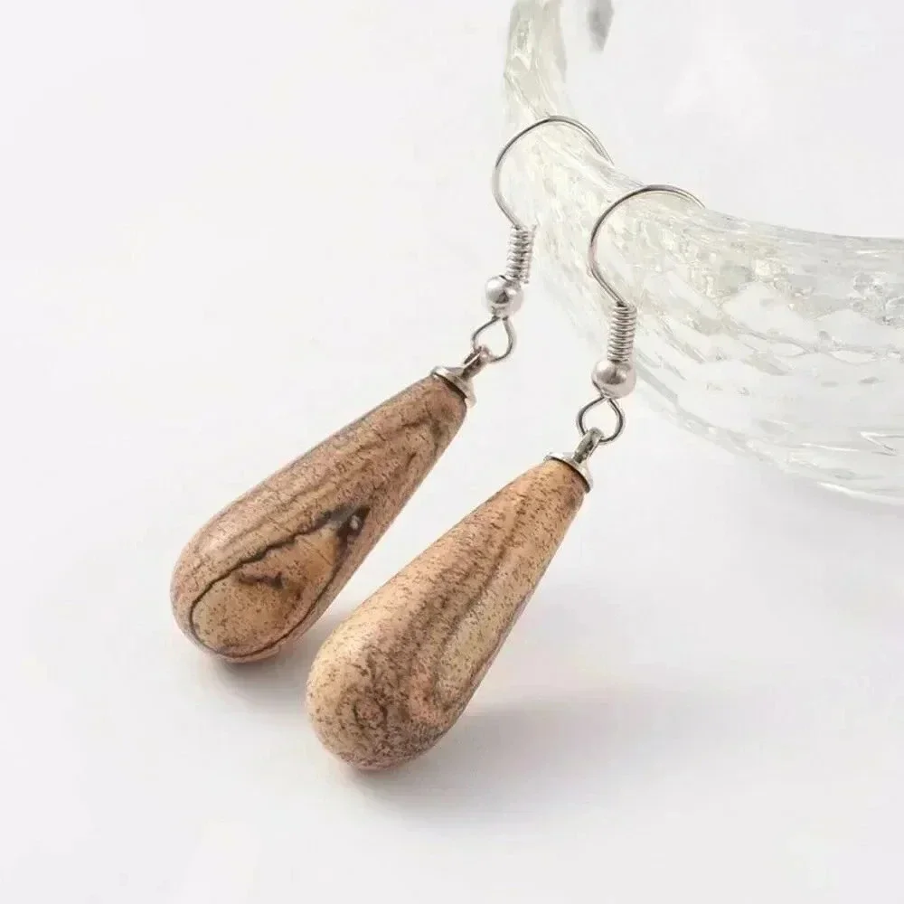 Hand Craft Minimalist Teardrop Picture Jasper Natural Gemstone Pendant Earrings